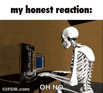 A Skeleton Is Sitting At A Desk In Front Of A Computer Keyboard . GIF