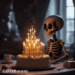 A Skeleton Is Sitting In Front Of A Birthday Cake With Candles GIF