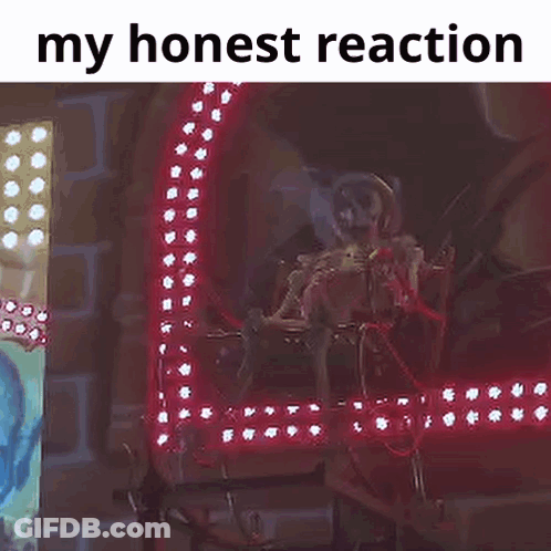 A Skeleton Is Sitting In Front Of A Microphone In A Dark Room With Lights . GIF