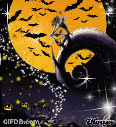 A Skeleton Is Sitting On A Swirl In Front Of A Full Moon With Bats GIF