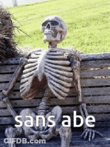 A Skeleton Is Sitting On A Wooden Bench With The Words Sans Abe On The Bottom . GIF