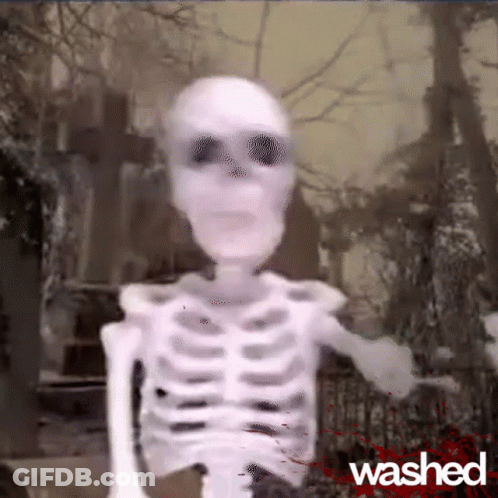A Skeleton Is Standing In A Cemetery With The Word Washed On The Bottom Right GIF
