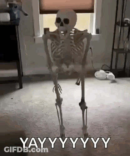 A Skeleton Is Standing In A Living Room In Front Of A Window And Saying Yay . GIF