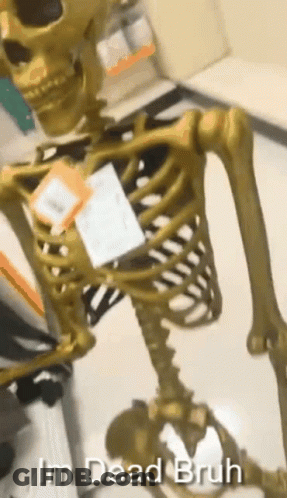 A Skeleton Is Standing In A Room With The Words I 'M Dead Bruh Written Below It . GIF