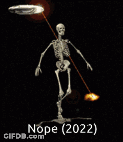 A Skeleton Is Standing In Front Of A Fire And A Frisbee With The Words Nope ( 2022 ) Below It GIF