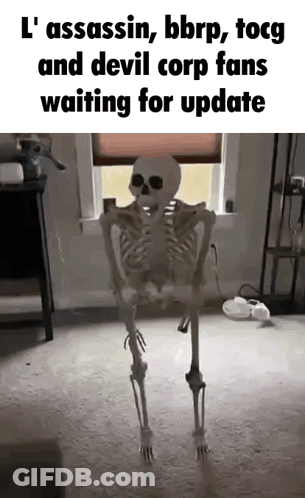 A Skeleton Is Standing In Front Of A Window While Waiting For An Update . GIF