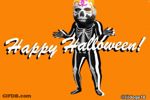 A Skeleton Is Standing In Front Of An Orange Background That Says " Happy Halloween " GIF