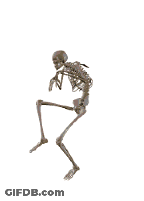 A Skeleton Is Standing On A White Background And Looking At The Camera . GIF