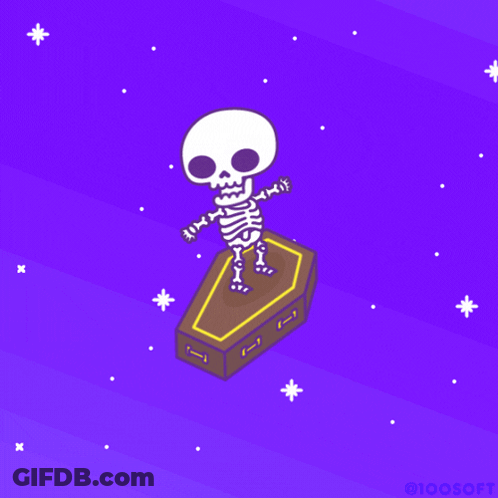 A Skeleton Is Standing On Top Of A Brown Coffin GIF