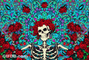 A Skeleton Is Surrounded By Roses In A Psychedelic Painting . GIF
