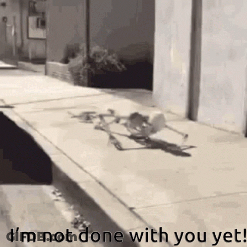 A Skeleton Is Walking Down A Sidewalk And Says `` I 'M Not Done With You Yet ! '' GIF