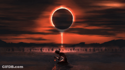 A Skeleton Kneeling In Front Of A Ring Of Fire GIF