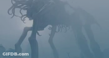 A Skeleton Of A Horse Is Standing In The Fog In The Dark . GIF