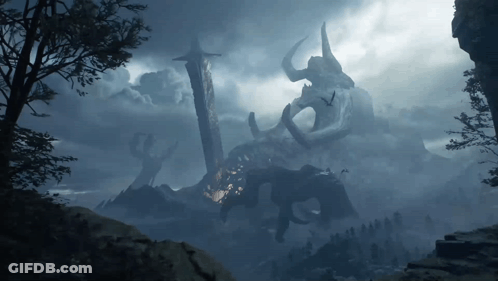 A Skeleton Of A Monster With Horns Is Surrounded By Trees And Rocks GIF