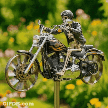 A Skeleton Riding A Harley Davidson Motorcycle GIF