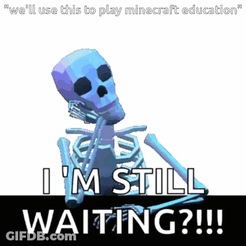 A Skeleton Says " I 'M Still Waiting " While Sitting Down GIF