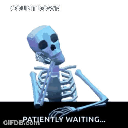 A Skeleton Sits At A Table With The Words " Patiently Waiting " Written Below It GIF