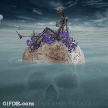 A Skeleton Sits On Top Of A Rock In The Water GIF