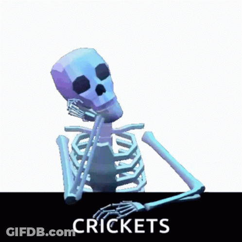 A Skeleton Sitting At A Table With The Word Crickets Written On The Bottom GIF