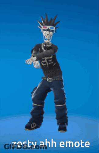 A Skeleton Wearing 3D Glasses And A Mohawk Is Dancing With The Words Zesty Ahh Emote Above Him GIF