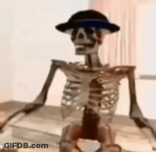 A Skeleton Wearing A Hat And Sunglasses Is Sitting On A Table Holding A Bottle . GIF