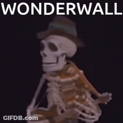 A Skeleton Wearing A Hat Is Holding A Guitar In Front Of A Black Background That Says Wonderwall . GIF
