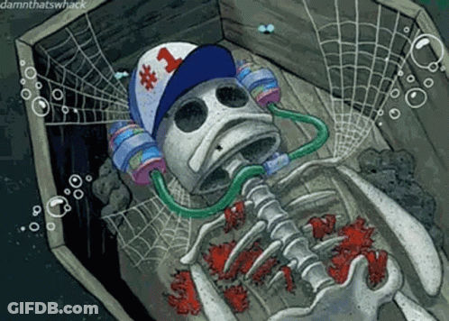 A Skeleton Wearing A Hat Is Laying In A Coffin Surrounded By Bubbles . GIF