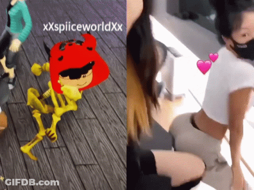 A Skeleton Wearing A Red Hat And Sunglasses Next To A Woman Wearing A Mask GIF