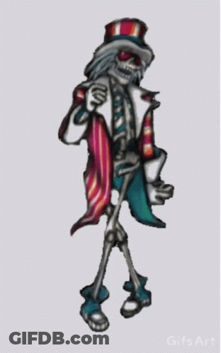 A Skeleton Wearing A Top Hat And Striped Pants Is Holding A Cane . GIF