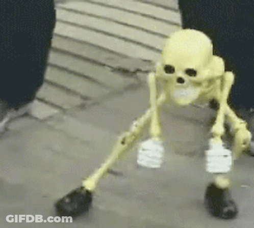A Skeleton With A Bandage On Its Leg Is Standing On The Ground GIF