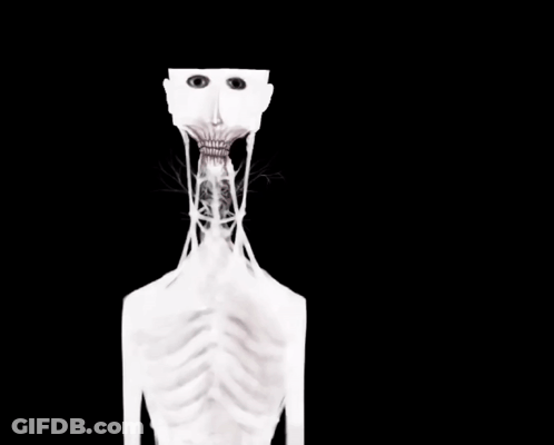 A Skeleton With A Mouth Open And The Words `` Why Did You Leave Me Here '' Written Below It . GIF