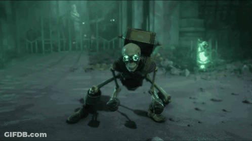 A Skeleton With A Shield And A Sword Is In A Dark Room GIF