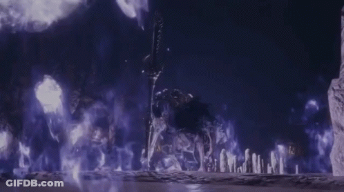 A Skeleton With A Sword Stands In A Dark Room GIF