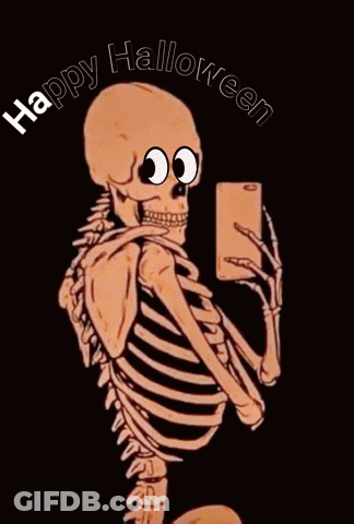A Skeleton With Googly Eyes Is Taking A Selfie With The Words Happy Halloween Written On The Bottom GIF
