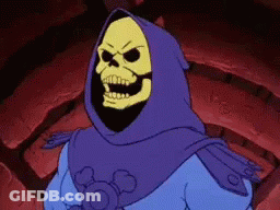 A Skeletor From Masters Of The Universe Is Wearing A Purple Cape And Hood . GIF