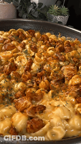 A Skillet Filled With Macaroni And Cheese With Chicken GIF
