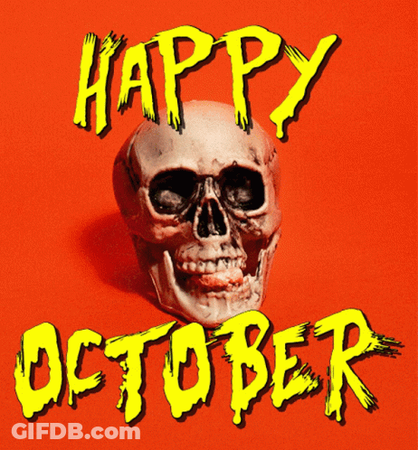 A Skull Blowing Bubble Gum With The Words Happy October GIF