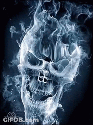 A Skull Is Surrounded By Smoke On A Dark Background GIF