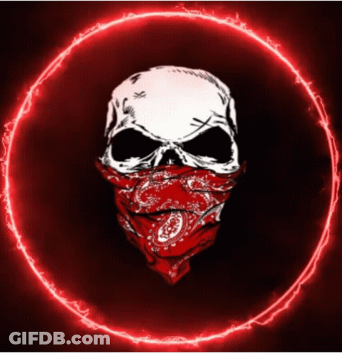 A Skull Wearing A Red Bandana Is Surrounded By A Red Circle GIF