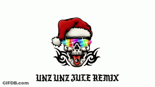 A Skull Wearing Sunglasses And A Santa Hat With The Words " Unz Unz Juice Remix " Below It GIF