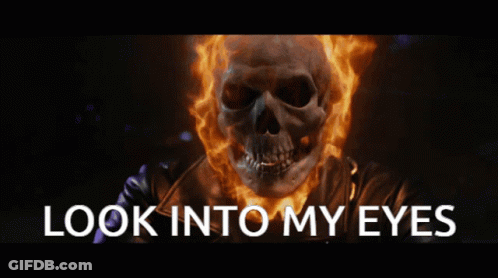 A Skull With Flames Behind It And The Words Look Into My Eyes GIF