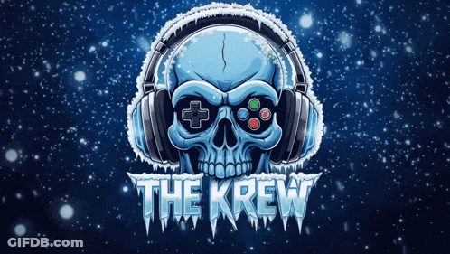 A Skull With Headphones And A Video Game Controller With The Words The Krew Written Below It GIF