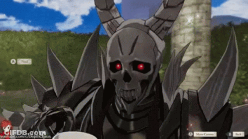 A Skull With Horns Is Holding A Cup Of Coffee In A Video Game GIF