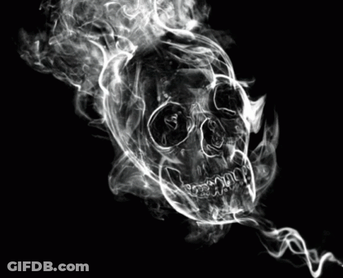 A Skull With Smoke Coming Out Of It On A Black Background GIF