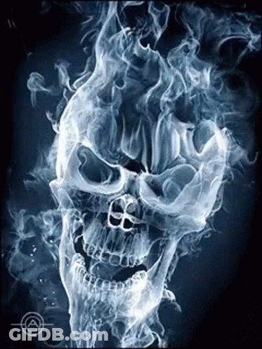 A Skull With Smoke Coming Out Of It 'S Mouth On A Black Background . GIF