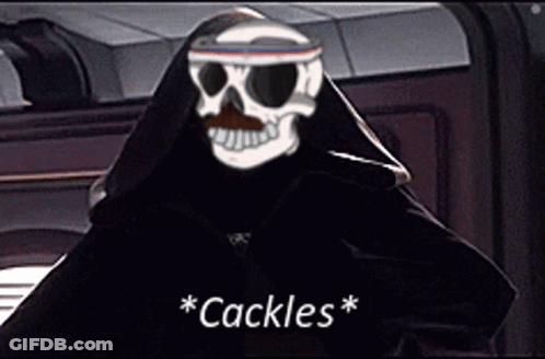 A Skull With Sunglasses And A Mustache Is Wearing A Black Hooded Jacket And Says " Cackle " GIF