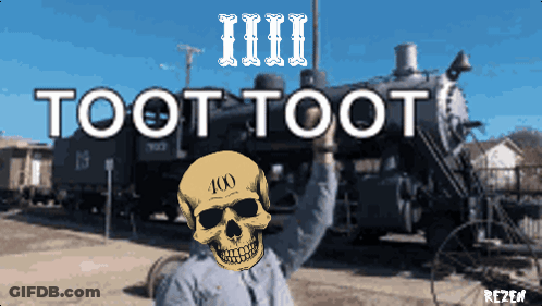 A Skull With The Number 100 On It Is Standing In Front Of A Train GIF