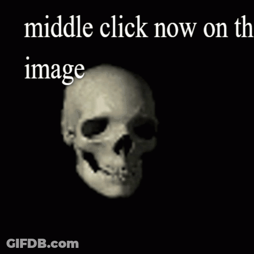 A Skull With The Words " Middle Click Now On The Image " Below It GIF