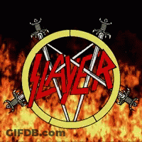 A Slayer Logo With Swords In A Circle Of Fire GIF