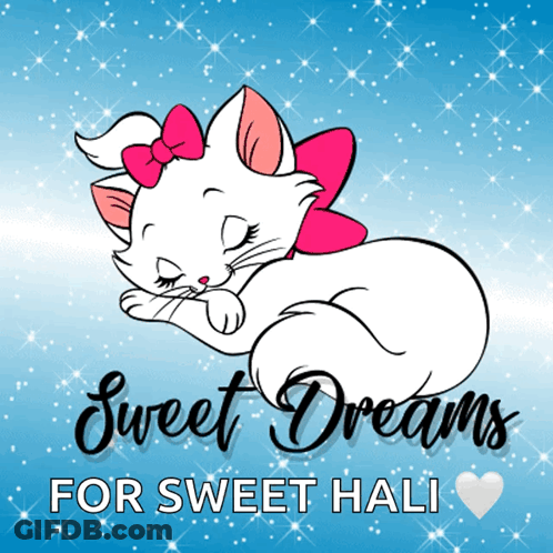 A Sleeping Cat With A Pink Bow And The Words Sweet Dreams For Sweet Hali Above It GIF